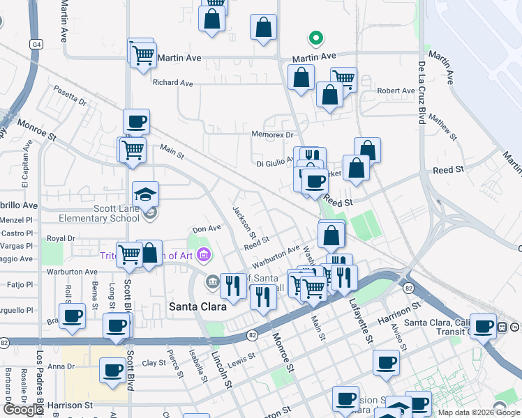 map of restaurants, bars, coffee shops, grocery stores, and more near 2032 Main Street in Santa Clara