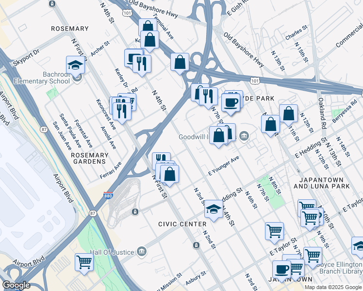 map of restaurants, bars, coffee shops, grocery stores, and more near 1117 North 4th Street in San Jose