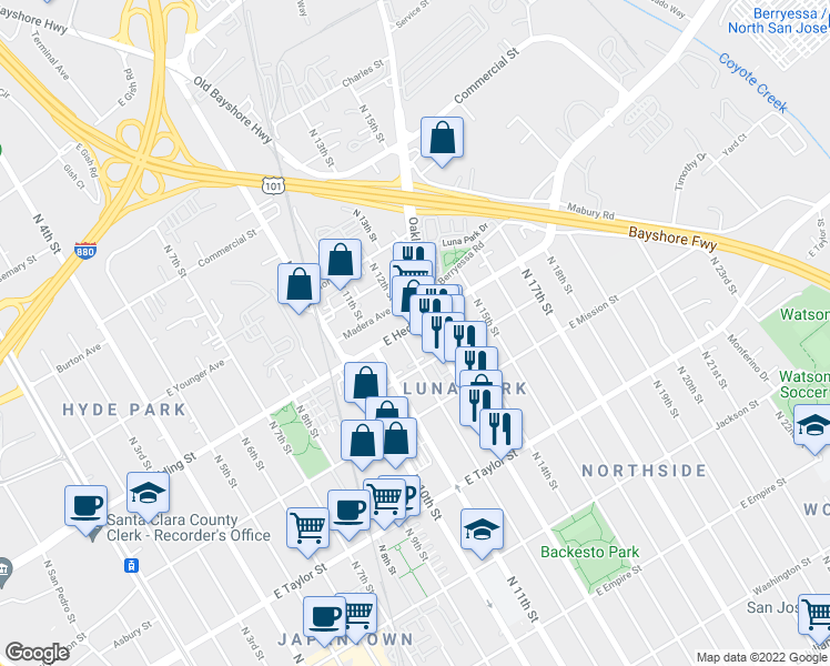 map of restaurants, bars, coffee shops, grocery stores, and more near 899 North 13th Street in San Jose