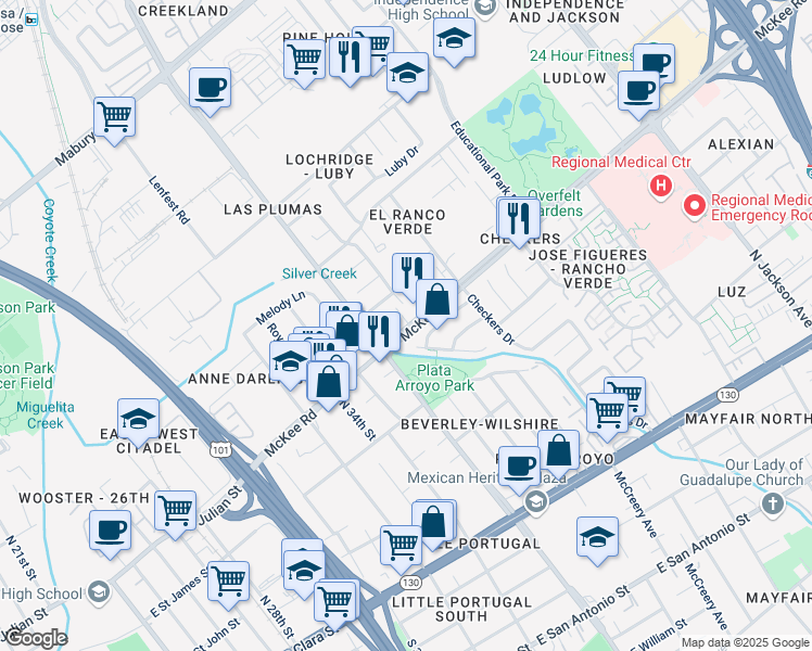map of restaurants, bars, coffee shops, grocery stores, and more near 1735 McKee Road in San Jose