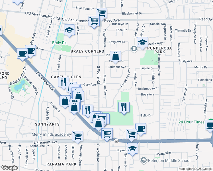 map of restaurants, bars, coffee shops, grocery stores, and more near 910 Primrose Avenue in Sunnyvale