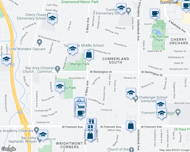 map of restaurants, bars, coffee shops, grocery stores, and more near 873 Pecan Court in Sunnyvale