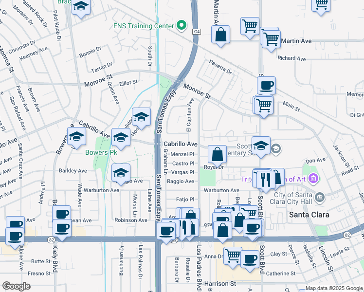 map of restaurants, bars, coffee shops, grocery stores, and more near 2358 Cabrillo Avenue in Santa Clara