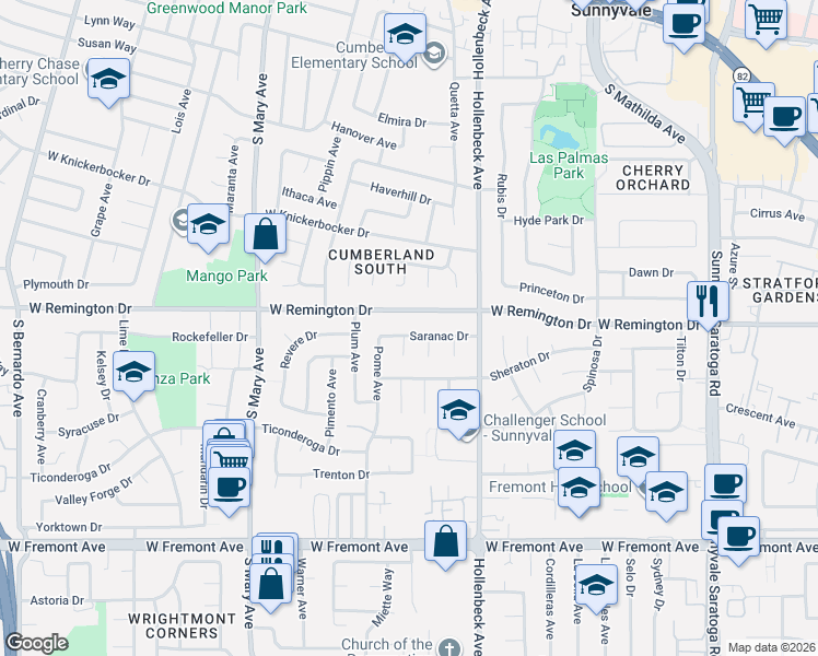 map of restaurants, bars, coffee shops, grocery stores, and more near 741 Saranac Drive in Sunnyvale