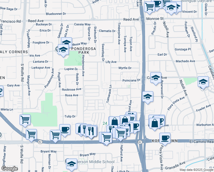 map of restaurants, bars, coffee shops, grocery stores, and more near 1141 Miramar Way in Sunnyvale