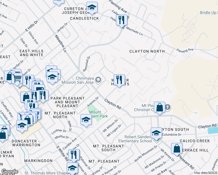 map of restaurants, bars, coffee shops, grocery stores, and more near 1253 Hickerson Court in San Jose