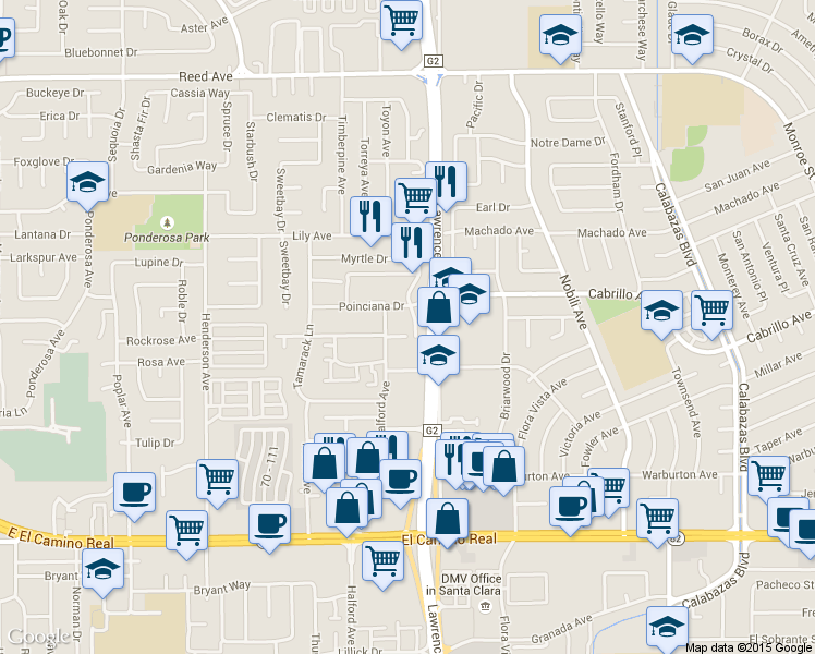 map of restaurants, bars, coffee shops, grocery stores, and more near 2015 Klamath Avenue in Santa Clara