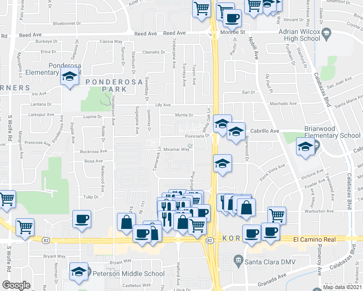 map of restaurants, bars, coffee shops, grocery stores, and more near 3761 Miramar Way in Santa Clara