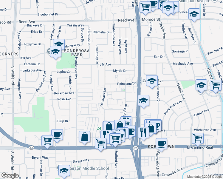 map of restaurants, bars, coffee shops, grocery stores, and more near 3761 Miramar Way in Santa Clara