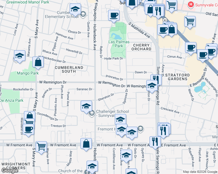 map of restaurants, bars, coffee shops, grocery stores, and more near 668 West Remington Drive in Sunnyvale