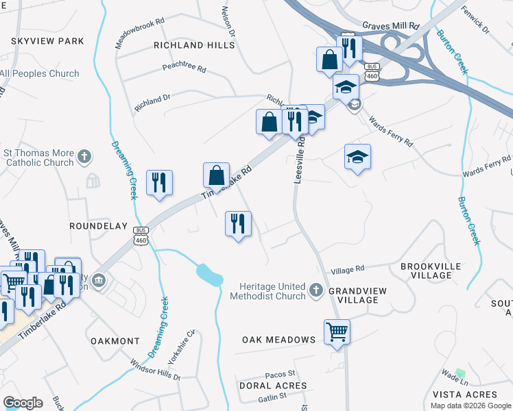 map of restaurants, bars, coffee shops, grocery stores, and more near 1000 Misty Mountain Road in Lynchburg