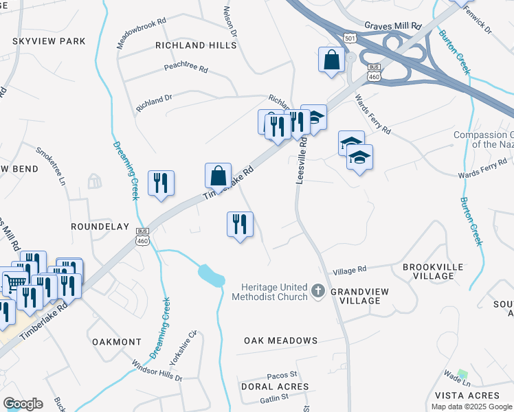 map of restaurants, bars, coffee shops, grocery stores, and more near 1000 Misty Mountain Road in Lynchburg