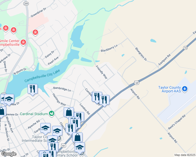 map of restaurants, bars, coffee shops, grocery stores, and more near 710 High Pine in Campbellsville
