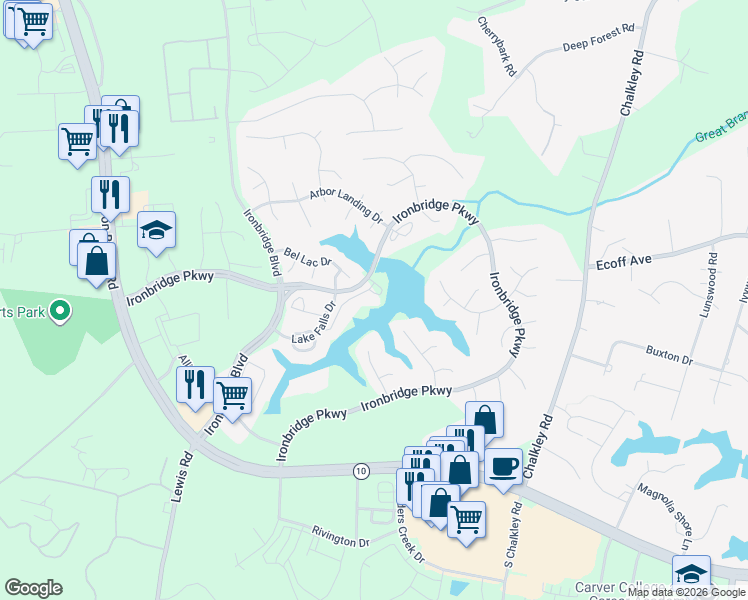 map of restaurants, bars, coffee shops, grocery stores, and more near 11603 Waterview Drive in Chester