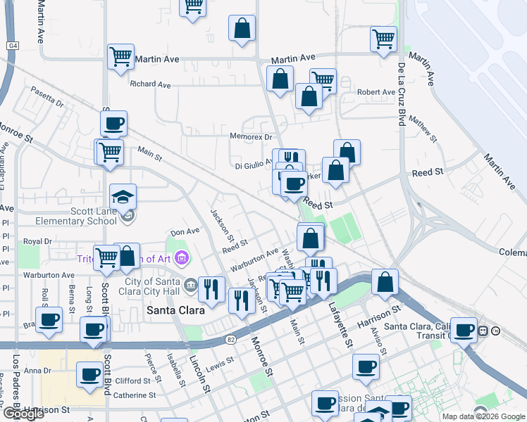 map of restaurants, bars, coffee shops, grocery stores, and more near 1985 Washington Street in Santa Clara