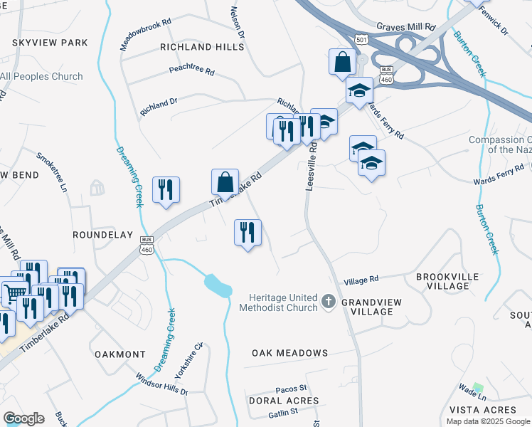 map of restaurants, bars, coffee shops, grocery stores, and more near 1000 Misty Mountain Road in Lynchburg