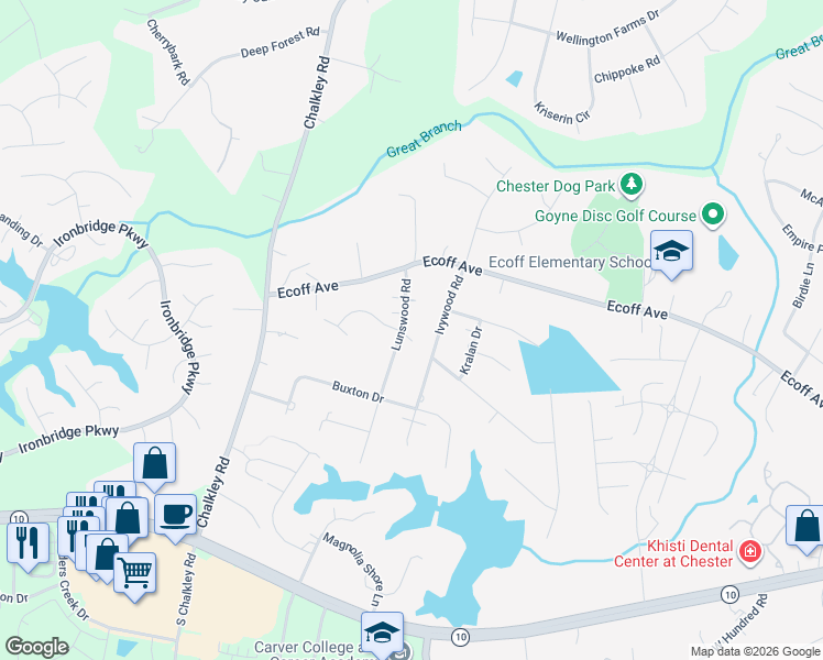map of restaurants, bars, coffee shops, grocery stores, and more near 10561 Lunswood Road in Chester