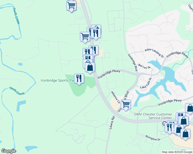 map of restaurants, bars, coffee shops, grocery stores, and more near 6798 Ironbridge Parkway in Richmond