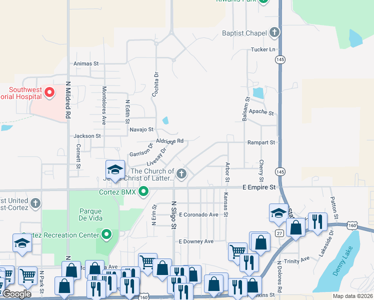 map of restaurants, bars, coffee shops, grocery stores, and more near 935 Brookside Drive in Cortez