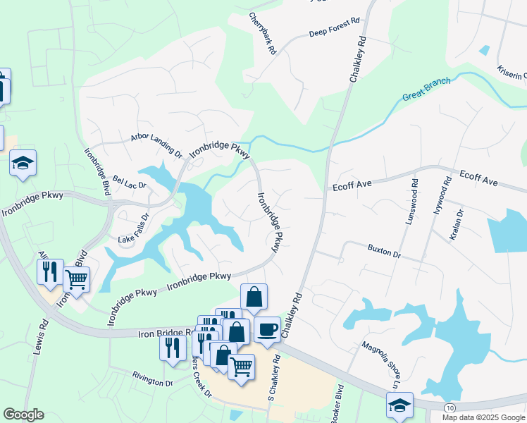 map of restaurants, bars, coffee shops, grocery stores, and more near 6200 Arbor Banks Terrace in Chester