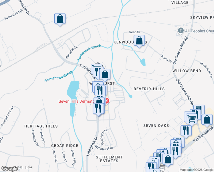 map of restaurants, bars, coffee shops, grocery stores, and more near 653 Wyndhurst Drive in Lynchburg