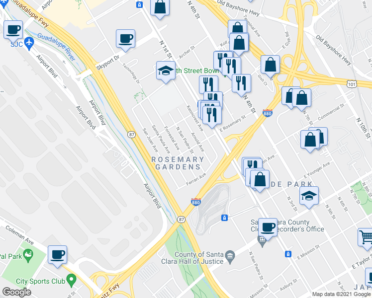 map of restaurants, bars, coffee shops, grocery stores, and more near 163 West Rosemary Street in San Jose