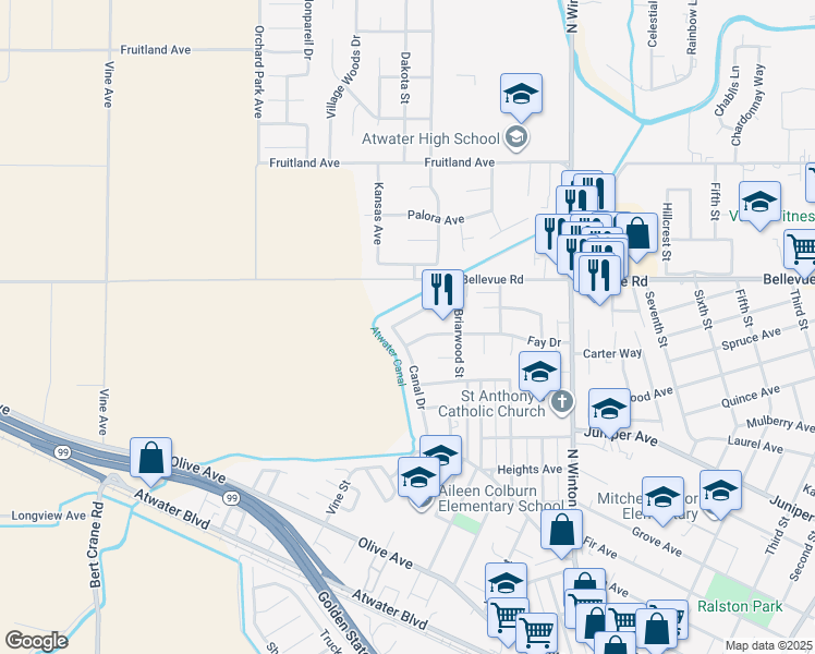 map of restaurants, bars, coffee shops, grocery stores, and more near 2384 Crestview Drive in Atwater