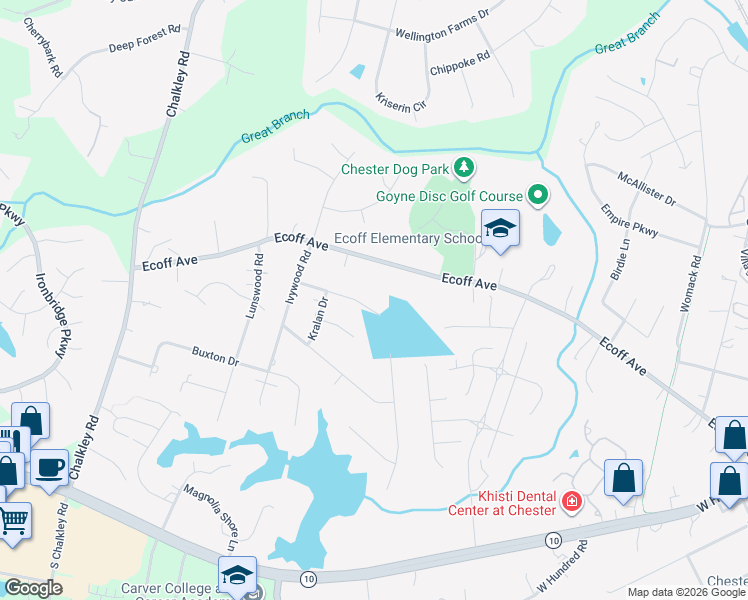 map of restaurants, bars, coffee shops, grocery stores, and more near 5410 Karma Road in Chester