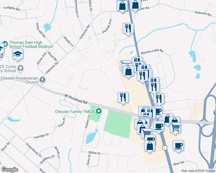 map of restaurants, bars, coffee shops, grocery stores, and more near 2941 Mountclair Road in Chester