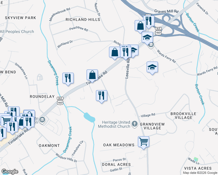 map of restaurants, bars, coffee shops, grocery stores, and more near 1000 Misty Mountain Road in Lynchburg