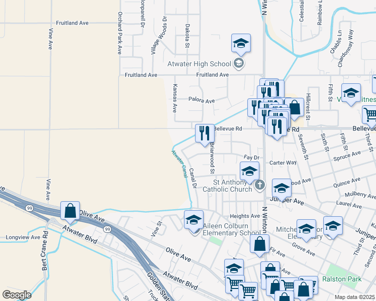 map of restaurants, bars, coffee shops, grocery stores, and more near 2384 Crestview Drive in Atwater