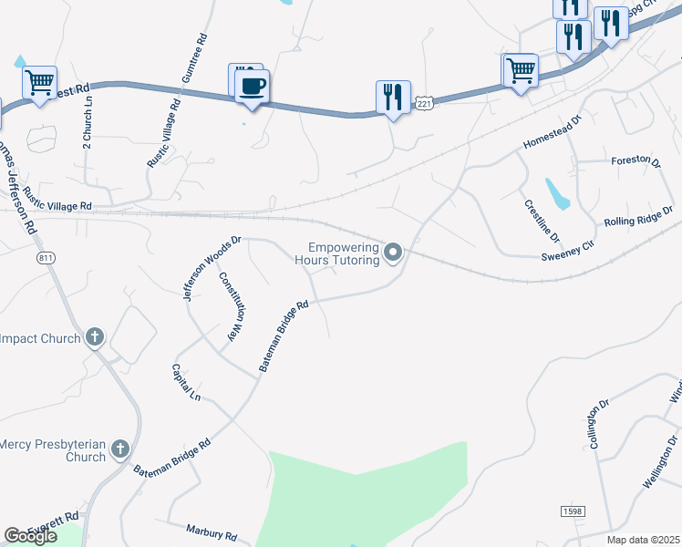 map of restaurants, bars, coffee shops, grocery stores, and more near 10 Jefferson Village Drive in Forest