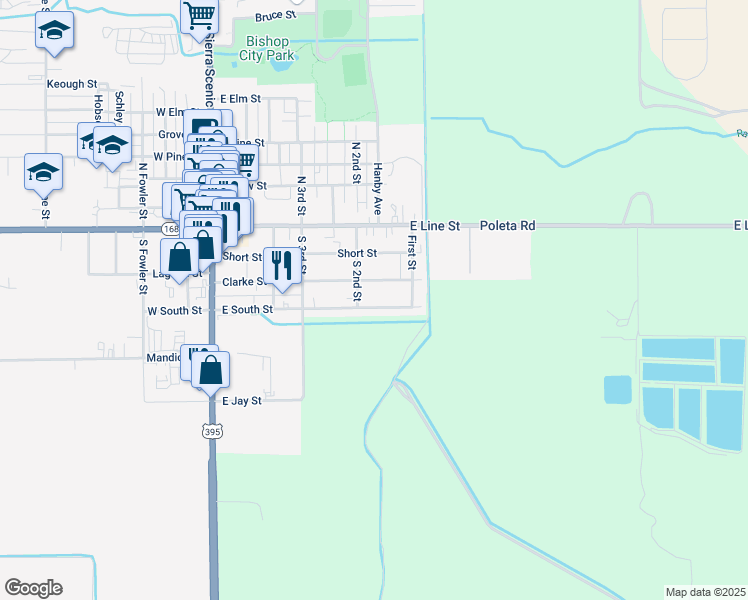 map of restaurants, bars, coffee shops, grocery stores, and more near 336 South 2nd Street in Bishop