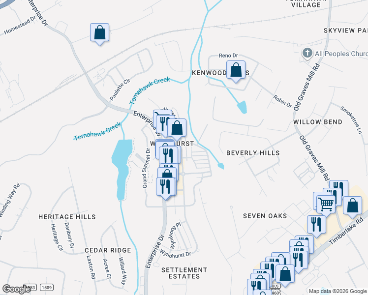 map of restaurants, bars, coffee shops, grocery stores, and more near 653 Wyndhurst Drive in Lynchburg