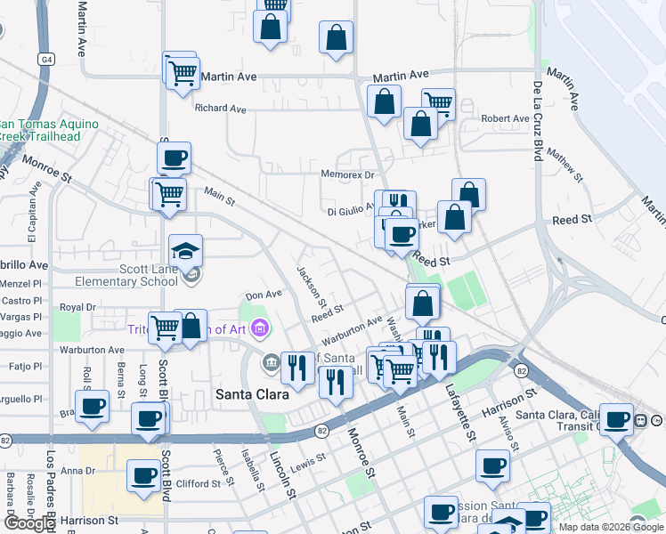 map of restaurants, bars, coffee shops, grocery stores, and more near 2040 Main Street in Santa Clara