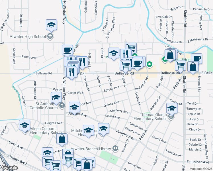 map of restaurants, bars, coffee shops, grocery stores, and more near 1440 Tamarack Ave in Atwater