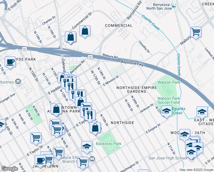 map of restaurants, bars, coffee shops, grocery stores, and more near 783 North 18th Street in San Jose