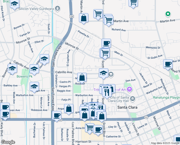 map of restaurants, bars, coffee shops, grocery stores, and more near 2141 Cabrillo Avenue in Santa Clara