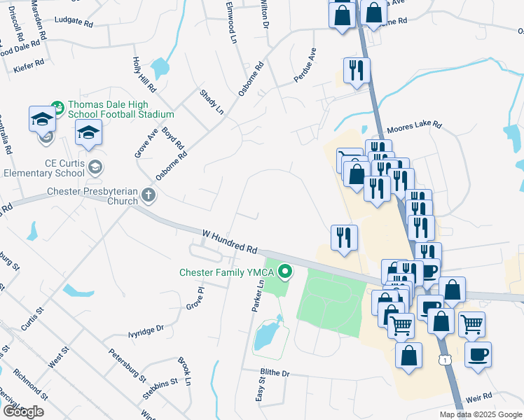 map of restaurants, bars, coffee shops, grocery stores, and more near 3106 Woodside Road in Chester