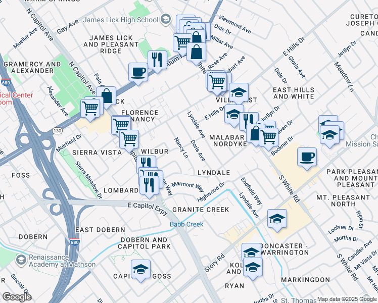map of restaurants, bars, coffee shops, grocery stores, and more near 340 Nancy Lane in San Jose