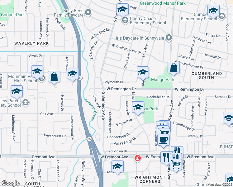 map of restaurants, bars, coffee shops, grocery stores, and more near 1095 Remsen Court in Sunnyvale