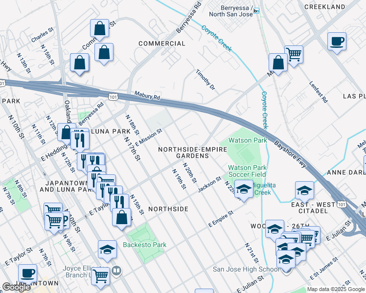 map of restaurants, bars, coffee shops, grocery stores, and more near 731 North 21st Street in San Jose