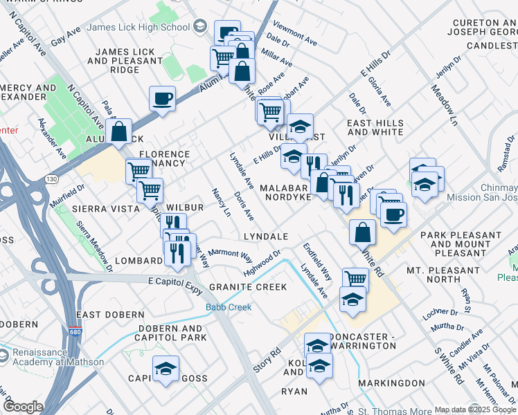 map of restaurants, bars, coffee shops, grocery stores, and more near 360 Doris Avenue in San Jose