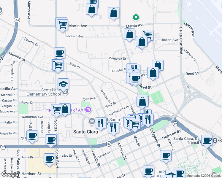 map of restaurants, bars, coffee shops, grocery stores, and more near 2040 Main Street in Santa Clara