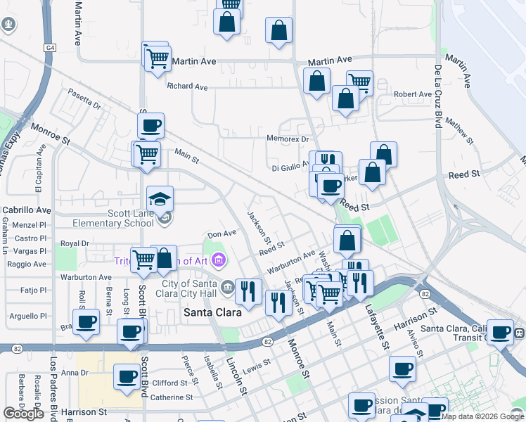 map of restaurants, bars, coffee shops, grocery stores, and more near 2040 Main Street in Santa Clara
