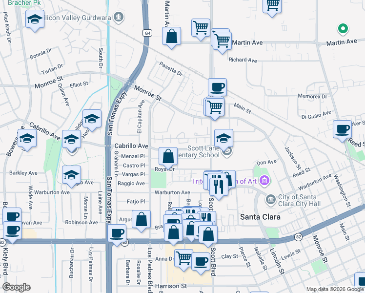 map of restaurants, bars, coffee shops, grocery stores, and more near 2141 Cabrillo Avenue in Santa Clara