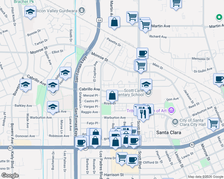 map of restaurants, bars, coffee shops, grocery stores, and more near 2231 Cabrillo Avenue in Santa Clara