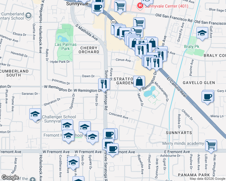 map of restaurants, bars, coffee shops, grocery stores, and more near 110 East Remington Drive in Sunnyvale