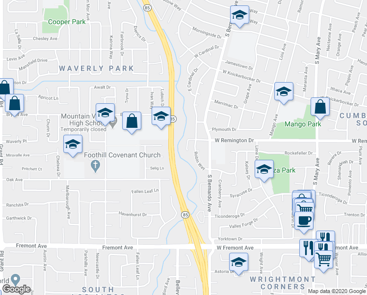 map of restaurants, bars, coffee shops, grocery stores, and more near 1109 Remington Court in Sunnyvale