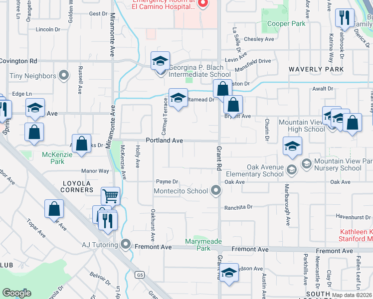 map of restaurants, bars, coffee shops, grocery stores, and more near 1325 Sunrise Court in Los Altos